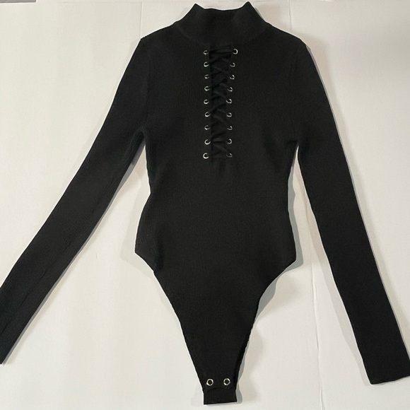 Roma Concept Tops - Black Lace-Up Long Sleeve Bodysuit